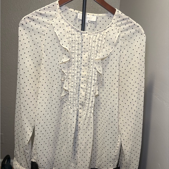 LOFT Ivory Blouse with Black Star Dots and Ruffle Front - Picture 1 of 4